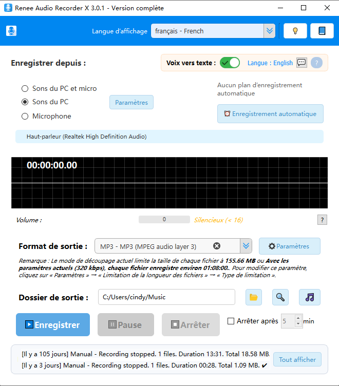 Interface principale de Renee Audio Recorder X pour l'enregistrement audio du PC