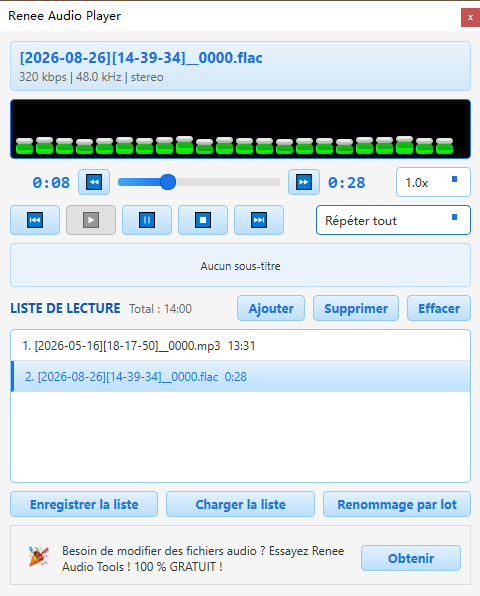 Lecteur audio intégré pour la lecture des enregistrements audio du PC dans Renee Audio Recorder X