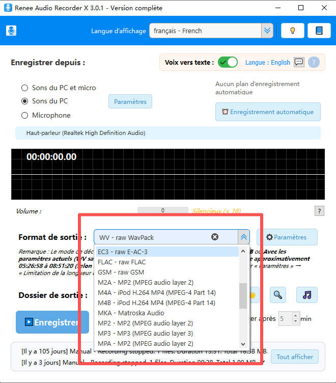 Formats de sortie audio pris en charge dans Renee Audio Recorder X