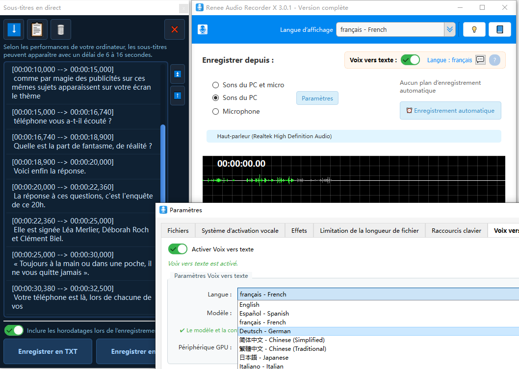 Paramètres de transcription audio et de sous-titrage en direct dans Renee Audio Recorder X